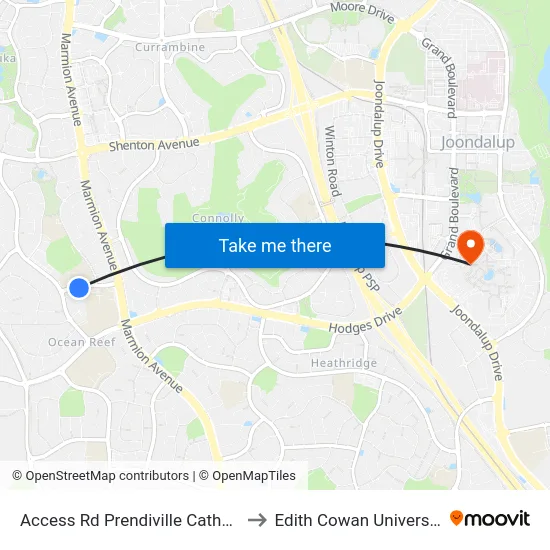 Access Rd Prendiville Catholic College to Edith Cowan University (ECU) map