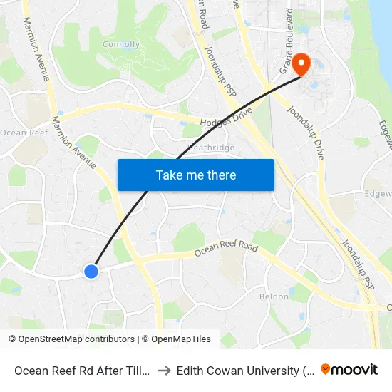 Ocean Reef Rd After Tiller Rd to Edith Cowan University (ECU) map