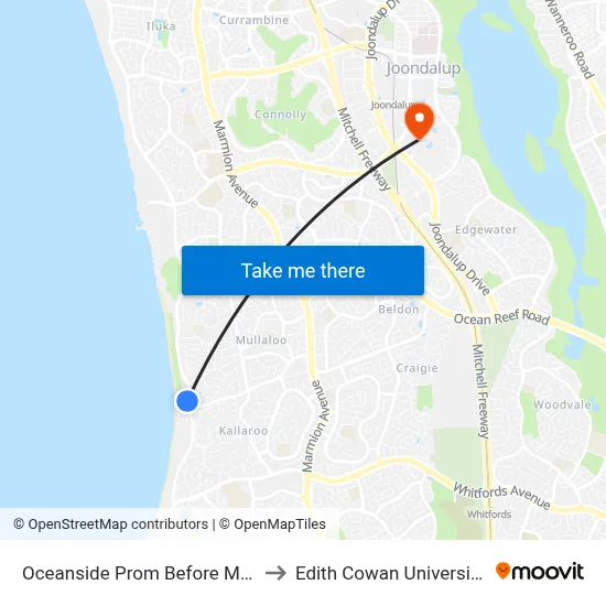 Oceanside Prom Before Mullaloo Dr to Edith Cowan University (ECU) map