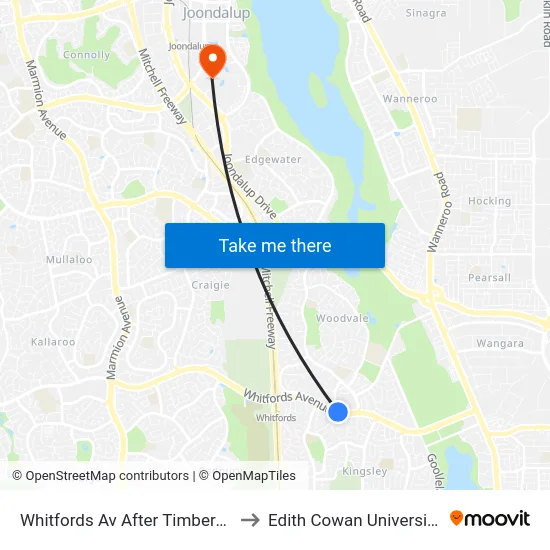 Whitfords Av After Timbercrest Rise to Edith Cowan University (ECU) map