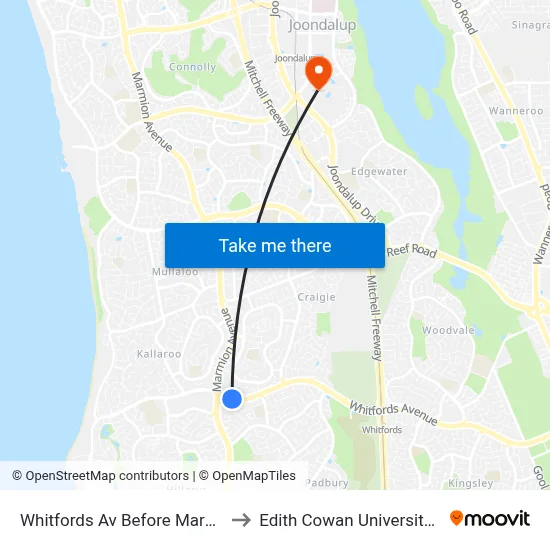 Whitfords Av Before Marmion Av to Edith Cowan University (ECU) map