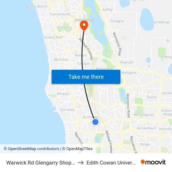 Warwick Rd Glengarry Shopping Centre to Edith Cowan University (ECU) map