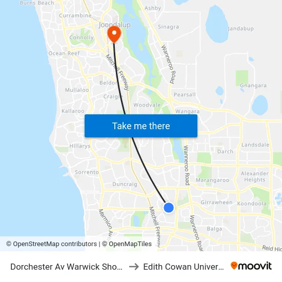 Dorchester Av Warwick Shopping Centre to Edith Cowan University (ECU) map