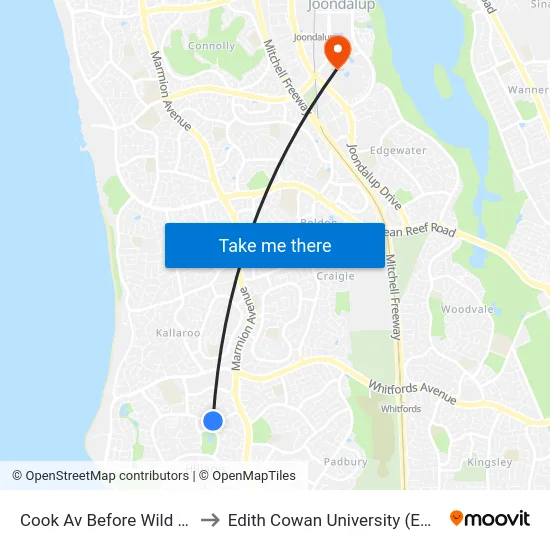 Cook Av Before Wild Rd to Edith Cowan University (ECU) map