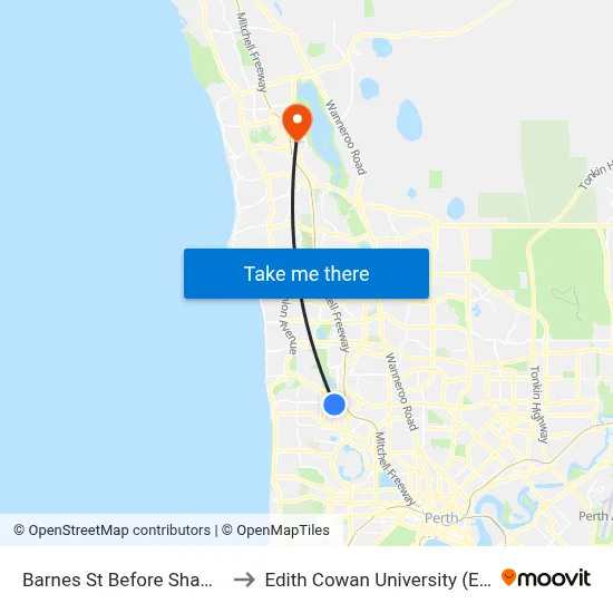 Barnes St Before Shaw Rd to Edith Cowan University (ECU) map