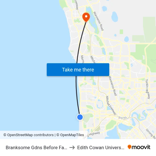Branksome Gdns Before Falmouth Av to Edith Cowan University (ECU) map