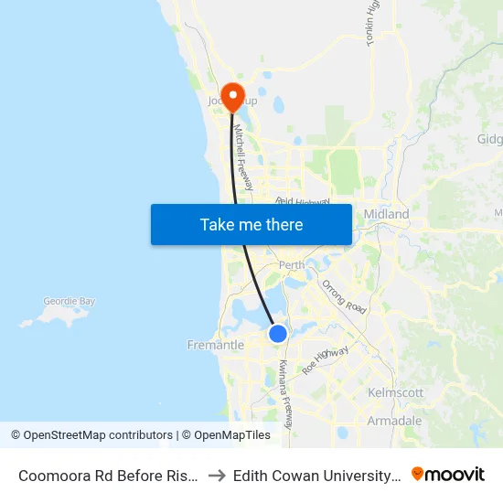 Coomoora Rd Before Riseley St to Edith Cowan University (ECU) map