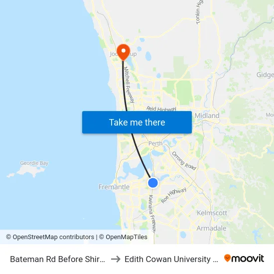 Bateman Rd Before Shirley Av to Edith Cowan University (ECU) map