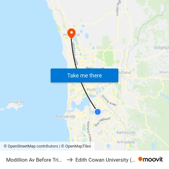 Modillion Av Before Tricia Ct to Edith Cowan University (ECU) map