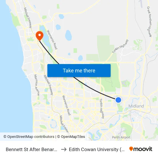 Bennett St After Benara Rd to Edith Cowan University (ECU) map