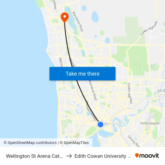 Wellington St Arena Cat Id 60 to Edith Cowan University (ECU) map