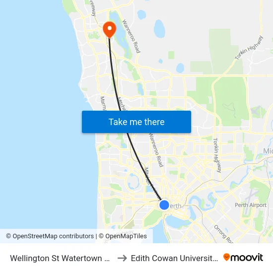 Wellington St Watertown Cat Id 64 to Edith Cowan University (ECU) map