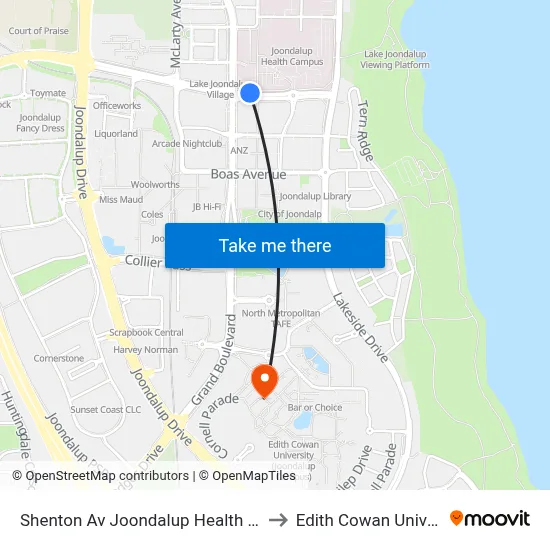 Shenton Av Joondalup Health Campus Cat Id 17 to Edith Cowan University (ECU) map