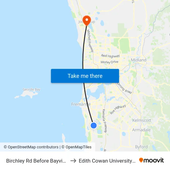 Birchley Rd Before Bayview Tce to Edith Cowan University (ECU) map