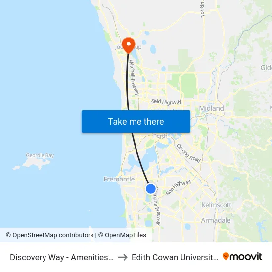 Discovery Way - Amenities Building to Edith Cowan University (ECU) map