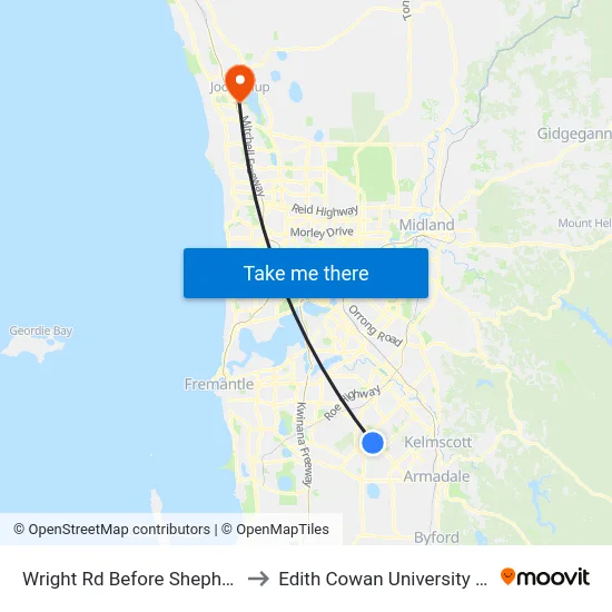 Wright Rd Before Shepherd Ct to Edith Cowan University (ECU) map