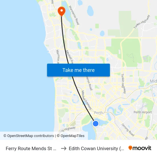 Ferry Route Mends St Jetty to Edith Cowan University (ECU) map
