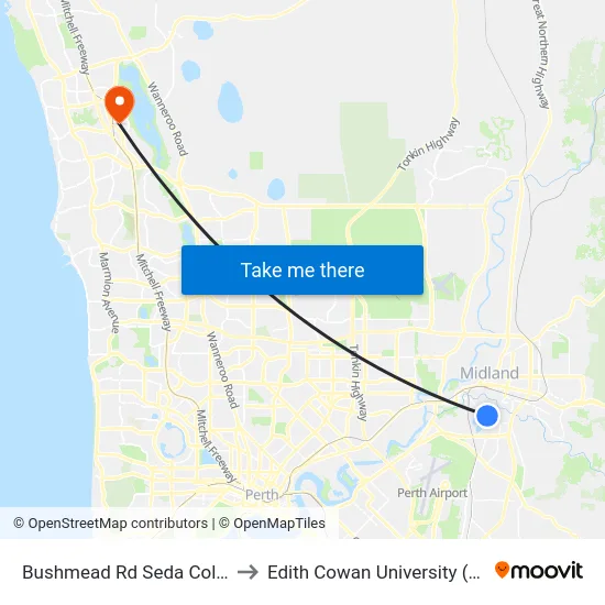 Bushmead Rd Seda College to Edith Cowan University (ECU) map