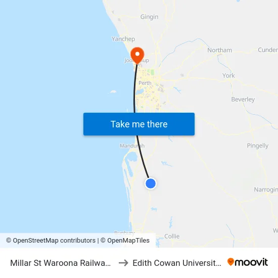 Millar St Waroona Railway Station to Edith Cowan University (ECU) map
