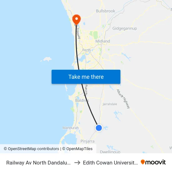 Railway Av North Dandalup Station to Edith Cowan University (ECU) map