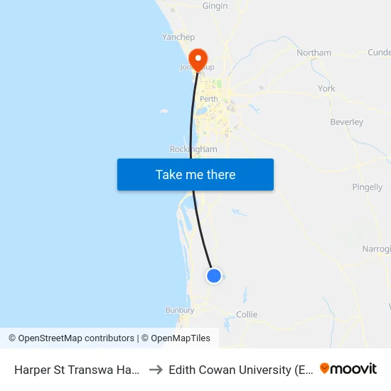 Harper St Transwa Harvey to Edith Cowan University (ECU) map