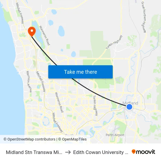 Midland Stn Transwa Midland to Edith Cowan University (ECU) map