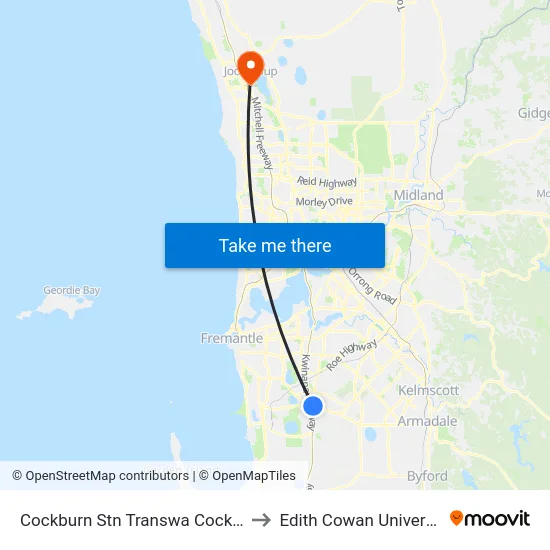 Cockburn Stn Transwa Cockburn Central to Edith Cowan University (ECU) map