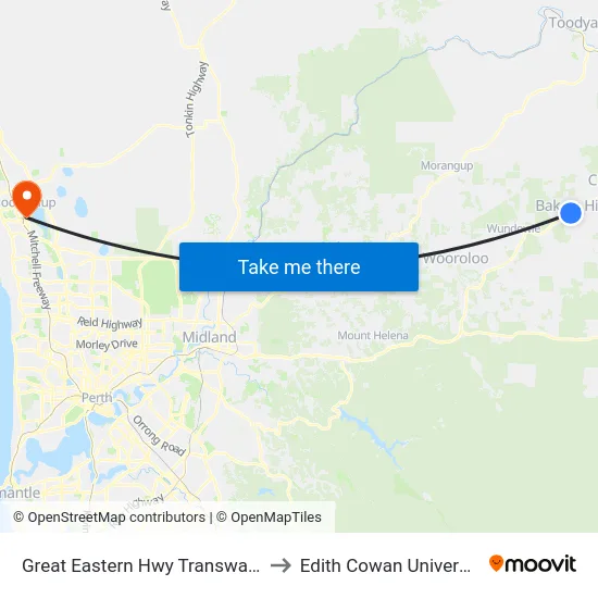 Great Eastern Hwy Transwa Bakers Hill to Edith Cowan University (ECU) map