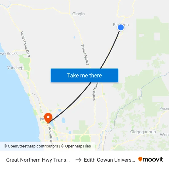 Great Northern Hwy Transwa Bindoon to Edith Cowan University (ECU) map