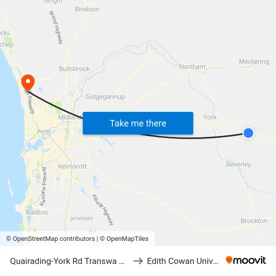 Quairading-York Rd Transwa Greenhills Turnoff to Edith Cowan University (ECU) map