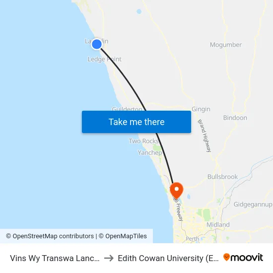 Vins Wy Transwa Lancelin to Edith Cowan University (ECU) map