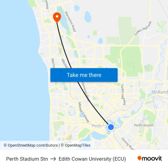 Perth Stadium Stn to Edith Cowan University (ECU) map