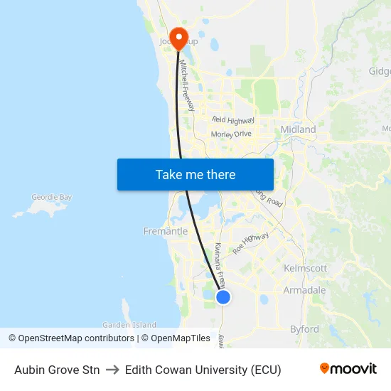 Aubin Grove Stn to Edith Cowan University (ECU) map