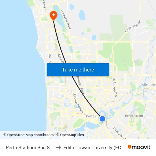 Perth Stadium Bus Stn to Edith Cowan University (ECU) map