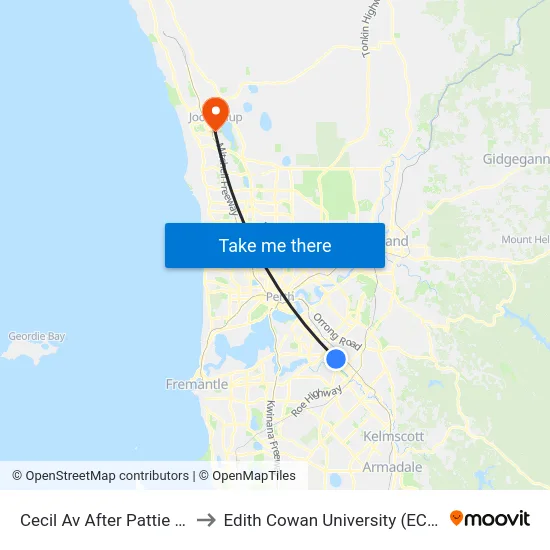 Cecil Av After Pattie St to Edith Cowan University (ECU) map