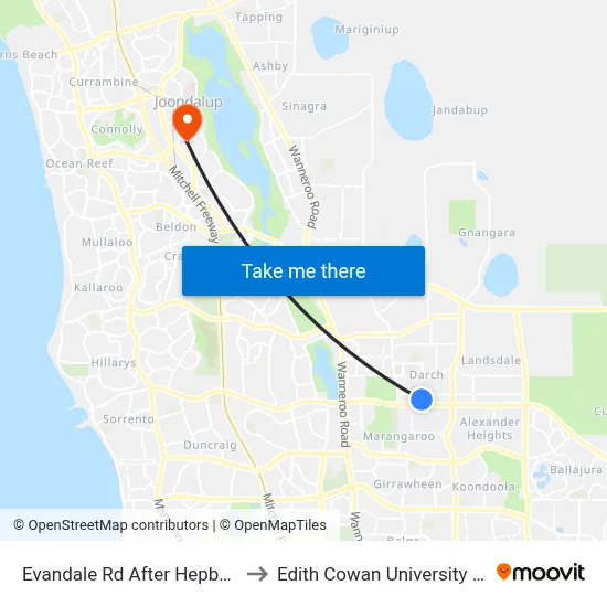 Evandale Rd After Hepburn Av to Edith Cowan University (ECU) map