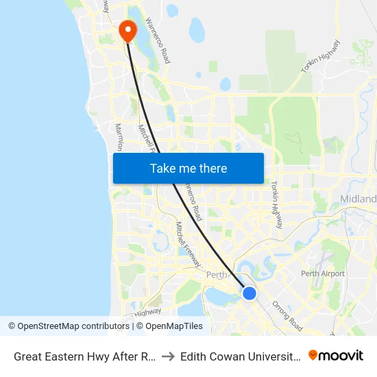 Great Eastern Hwy After Resort Dr to Edith Cowan University (ECU) map