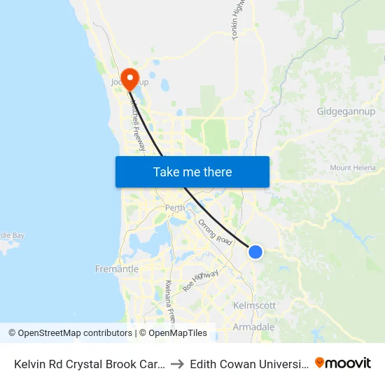 Kelvin Rd Crystal Brook Caravan Park to Edith Cowan University (ECU) map