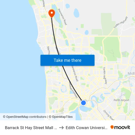 Barrack St Hay Street Mall Cat Id 20 to Edith Cowan University (ECU) map