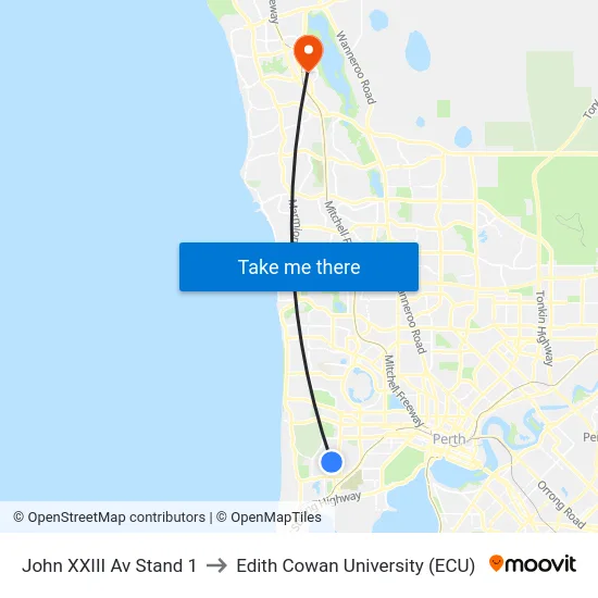 John XXIII Av Stand 1 to Edith Cowan University (ECU) map