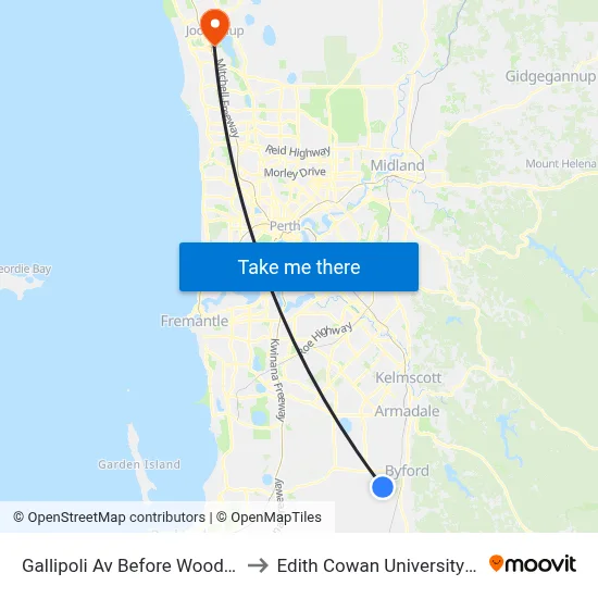 Gallipoli Av Before Woodard Rd to Edith Cowan University (ECU) map