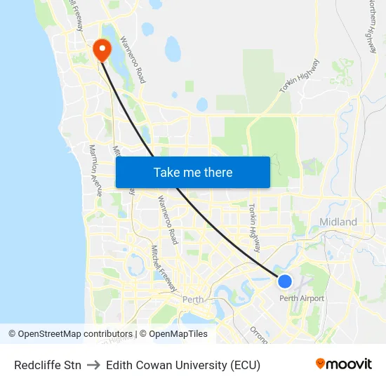 Redcliffe Stn to Edith Cowan University (ECU) map