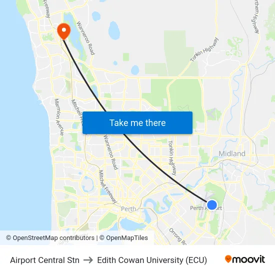 Airport Central Stn to Edith Cowan University (ECU) map