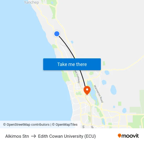 Alkimos Stn to Edith Cowan University (ECU) map