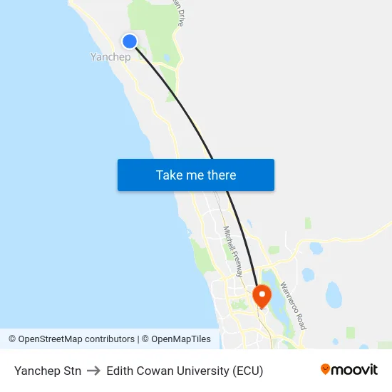 Yanchep Stn to Edith Cowan University (ECU) map