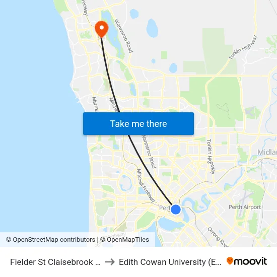 Fielder St Claisebrook Stn to Edith Cowan University (ECU) map