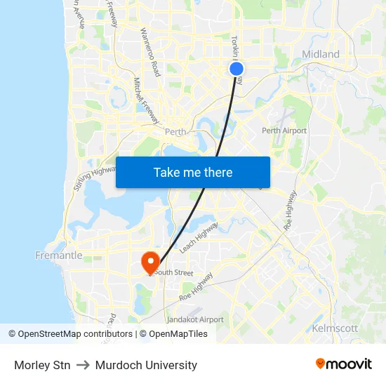 Morley Stn to Murdoch University map