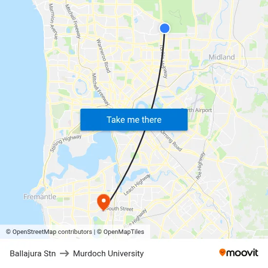 Ballajura Stn to Murdoch University map