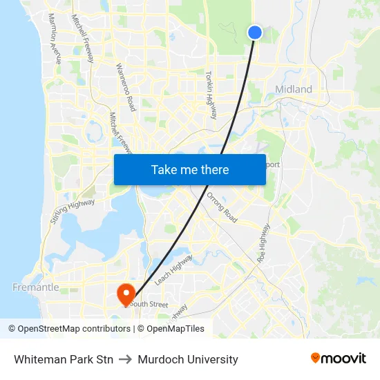 Whiteman Park Stn to Murdoch University map