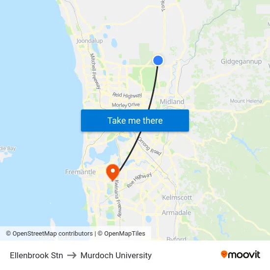 Ellenbrook Stn to Murdoch University map